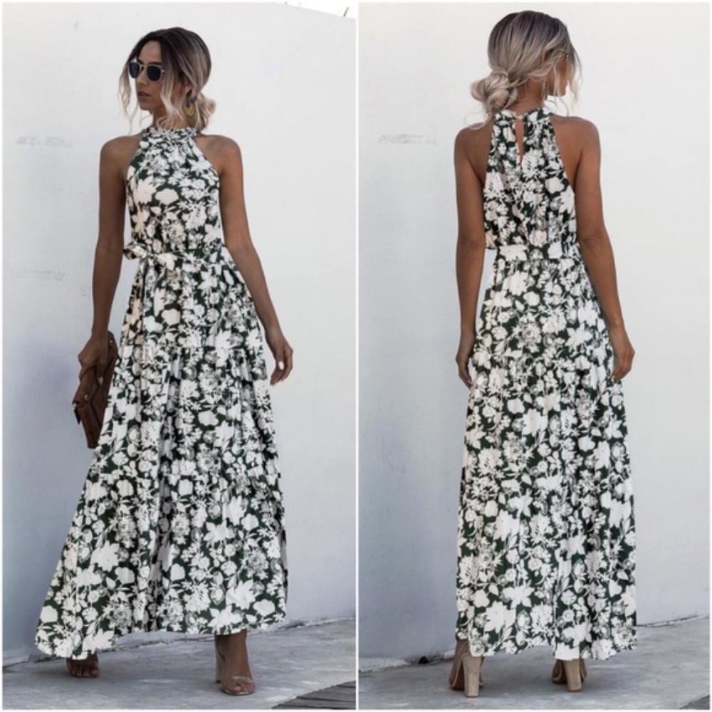 boho floral print belted halter maxi dress spring - Picture 2 of 2